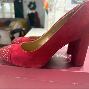 Red Suede Studded Block Heels women 10